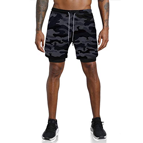 Leidowei Men's 2 In 1 Workout Running Shorts Lightweight Training Yoga Gym 7" Short With Zipper Pockets Grey Camo Xl #TOP1