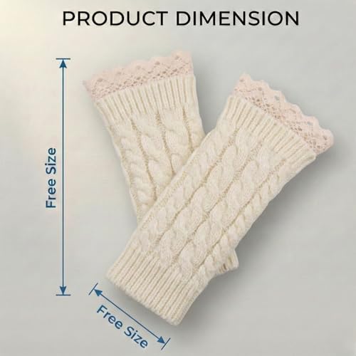 Image of Kraptick Women's Cable Knit Fingerless Gloves - Winter Arm Warmers with Elegant Lace Trim & Thumb Hole - Soft Woolen Thermal Half Finger Mittens for Typing, Driving & Office Work (Free Size, khaki)-1