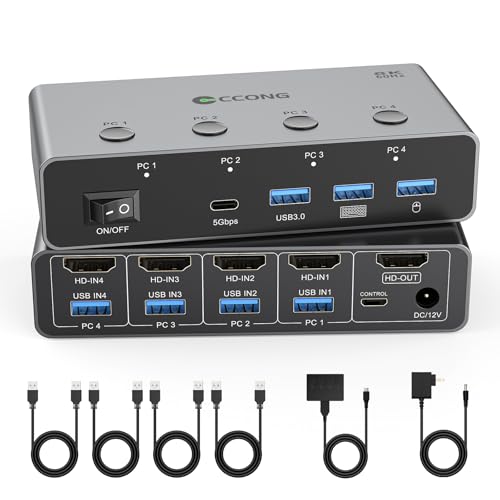 Image of 5G USB3.0 HDMI KVM Switch 8K@60Hz 4 Computers Share 1 Monitor, KVM Switches 4 Port with 3 USB 3.0 and 1 USB C Ports Share Monitor Keyboard Mouse Printer, with 4 USB 3.0 Cables and Extended Controller