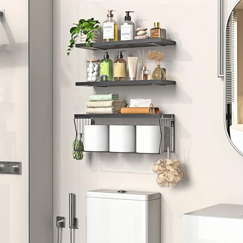 image for Gailia Floating Bathroom Shelves Wall Mounted - Wooden Shelf Set of 3 