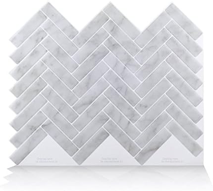 Yiyasu White Gray Marble Herringbone Mosaic Peel and Stick Wall Tile Self Adhesive Backsplash DIY Kitchen Bathroom Home Decal 3D (4 Tiles)