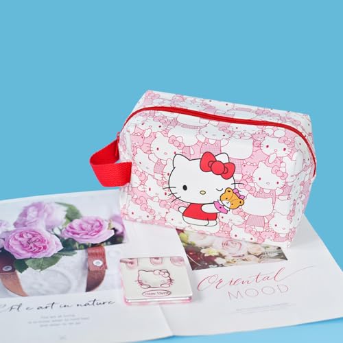 kitty Travel Cosmetic Bag, Large Capacity Cartoon Cosmetic Pouch Makeup Bag with Zipper, PU Travel Toiletry Bag Makeup Accessories Organizer, Foldable Storage Bag Makeup Pouch for Girls - Image 4