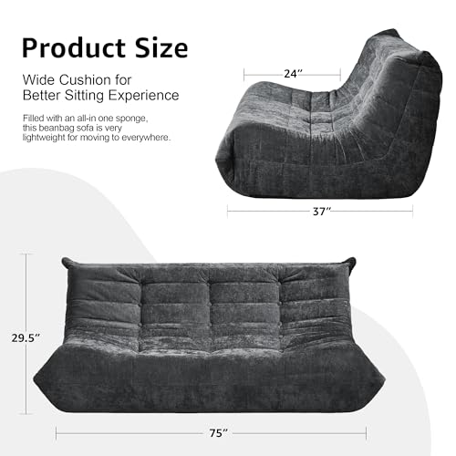 Image of Hobestluk Giant Bean Bag Chair Faux Fur BeanBag Couch for Living Room | Darkgrey Chenille, 3-Seater,Ergonomic Design,Memory Foam,Anti-slip Bottom,No Assembly,Decorative Style for Living Room