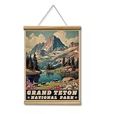 HUARCEY Grand Teton National Park Wall Art 12x16 Hanging Scroll, Vintage Wooden Frame Mountain Lake Landscape Canvas Painting Print, Retro Nature Travel Poster Rustic Cabin Bedroom Office Décor