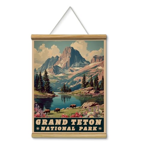 HUARCEY Grand Teton National Park Wall Art 12x16 Hanging Scroll, Vintage Wooden Frame Mountain Lake Landscape Canvas Painting Print, Retro Nature Travel Poster Rustic Cabin Bedroom Office Décor