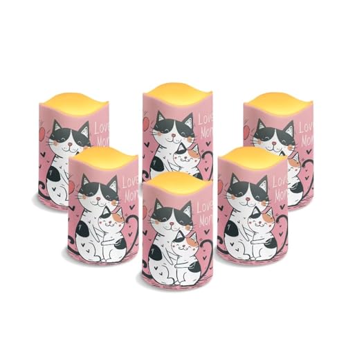 Rnyleeg 6 Pcs Pink Cat Flameless Candles Solar Powered Flickering Flameless Candles with 3D Moving Flame Electric Fake Candles Mother's Day Candles
