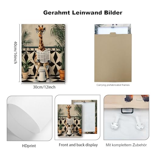 Galmcook Badezimmer Wandbild Leinwandbild mit Rahmen Lustige Giraffe auf Toilette – Humorvolles Kunstdruck Dekobild für Bad, Gäste WC oder Toilette Wanddeko mit Haken und spurlosen Nägeln 30x40 cm