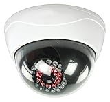 Die Kamera ist dank des professionellen Gehäuses und den bei Dunkelheit leuchtenden IR-LEDs kaum von echten Überwachungskameras zu unterscheiden