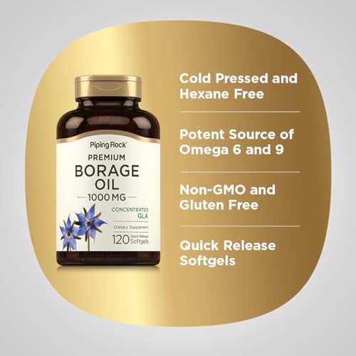 Piping Rock Borage Oil Supplement | 1000 mg Softgel Capsules | 120 Count | Cold Pressed | Hexane Free | Non-GMO, Gluten Free Supplement