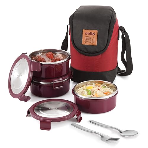 Image of CELLO MF Freshco Plus Lunch Box Set with 2 Spoons & Bag, 3 Containers, 300ml, Red | Outer Plastic & Inner Stainless Steel Tiffin Box with Jacket | Ideal for College, Office