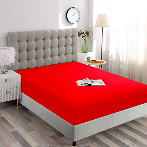Image of Ghooss Full Size Fitted Sheet Soft,Single Fitted Deep Pocket Sheet,Wrinkle,Fade and Stain Resistant,1 Pack,Red