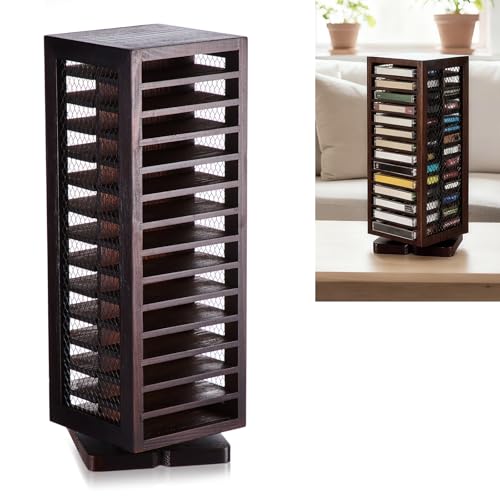 Ripeng Cassette Tape Holder, 28 Capacity 360° Rotating, Rustic Brown