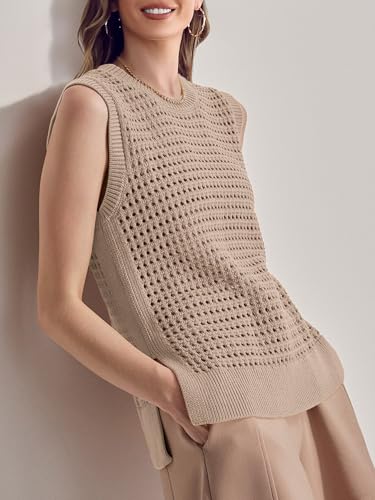 Image of SuperPrity Women's Sweater Vest Sleeveless Crochet Sheer Knit Sweater Tank Casual See Through Crewneck Sweater