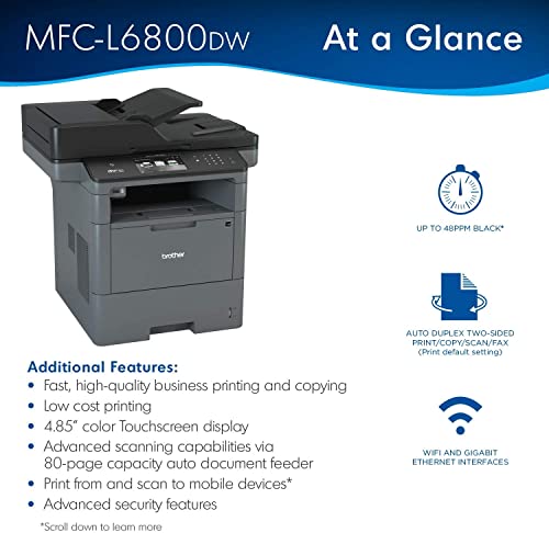 Brother Mfc-L6800Dw All-In-One Wireless Nfc Monochrome Laser Printer For Office - Print Copy Scan Fax - 48 Ppm, 1200X1200 Dpi, 512Mb Memory, Auto Duplex Printing, 80-Sheet Adf, Cbmoun Printer Cable #TOP2