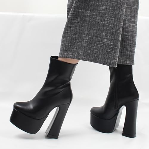 High Heels 15cm Short Boots Black Chunky Heel Zip4