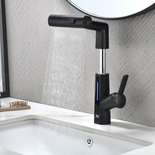 Robinet de salle de bain cascade gris au design architectural et écran numérique