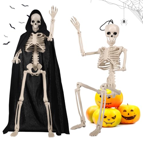 TEBOKHAD Esqueleto Halloween decoração, esqueleto de 40 cm, decoração com camada, esqueleto realista posável para Halloween para interior e exterior, acessórios para festas de Halloween