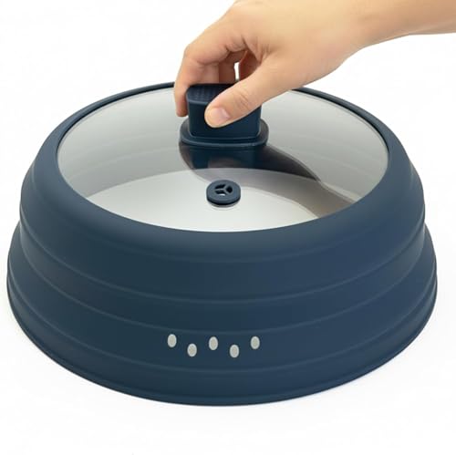 Cubierta De Microondas Para Alimentos, Cubierta Plegable De Vidrio Para Microondas De 9.8 Pulgadas Con Asa, Cubierta De Silicona Para Salpicaduras De Microondas Para Olla, Plato Y Tazón Negro Azul