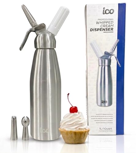 ICO Professional Aluminum Whipped Cream Dispenser for Homemade Whipping Cream, Whipped Cream Maker for Desserts, Dips, Sauces, and Infused Liquors, Silver, 1-Quart