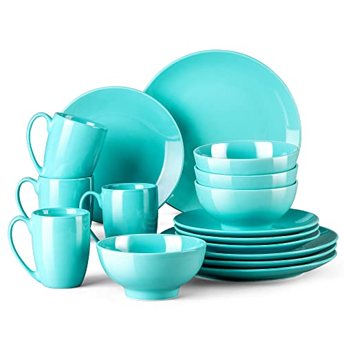 LOVECASA Porcelain Dinnerware Sets, 16-Piece Ceramic Dishes Set Blue Dinner Sets, Microwave Safe Plates and Bowls Sets, Service for 4, Lake Blue