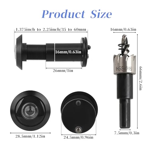 Türspion mit Sichtschutz 200° Weitwinkel Optische Glaslinsen Bohrloch Ø 16mm Messing Spion mit Bohrer Einstellbare Länge Türspion aus Messing für 35-60mm Dicke Türen (Schwarz)