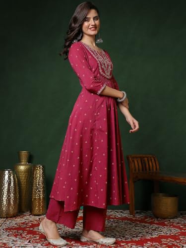 Image of PARTHVI Women's 100% Pure Cotton Anarkali Kurta Set with Pant & Dupatta | Embroidered Flared Kurta | Elegant Ethnic Suit