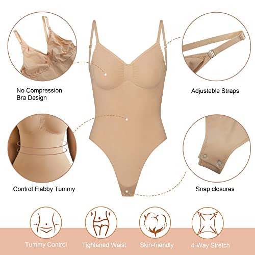 Shaperx Low Back Bodysuit For Women Tummy Control Shapewear Seamless Sculpting Body Shaper Thong Tank Top,Sz5266-Beige-Xxs/Xs #TOP3