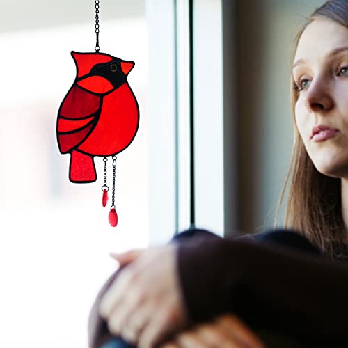 Wedcpcin Cardinal Stained Glass Bird Window Hanging With Crystal Pendant, Solar Catcher, Home Decoration Gift For Mother (Red) #TOP2