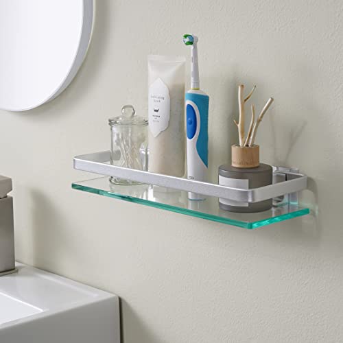 Kes Aluminum Bathroom Glass Shelf Tempered Glass Rectangular 1 Tier Extra Thick Silver Wall Mounted, A4126A #TOP4