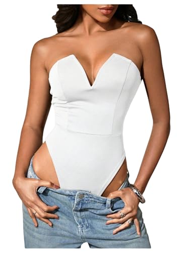Milumia Womens Strapless Deep V Neck Bodysuit Sexy Backless Slim Fitted Tube Tops White Medium
