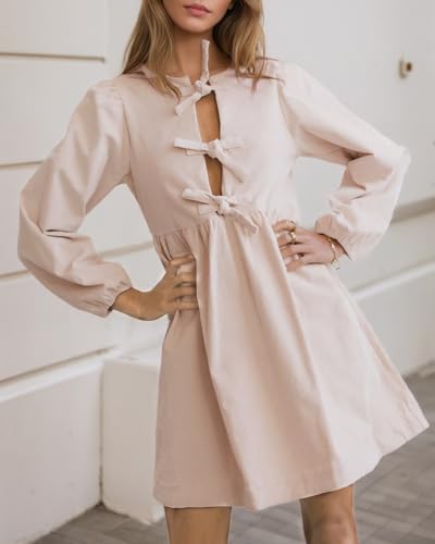 Kedera Women's Babydoll Corduroy Dress Long Puff Sleeve Bow Tie Front Ruffle A-Line Mini Dresses 20253