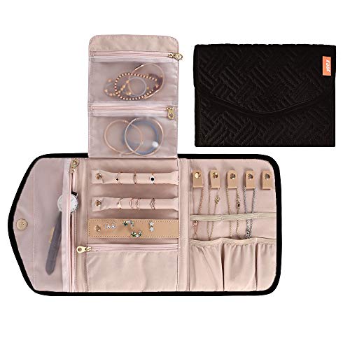 KUAK - Joyero de Viaje con múltiples Compartimentos y Bolsillos con Cremallera, Almacenamiento de Joyas para Anillos, Pendientes, Collares, Pulseras, Color Negro