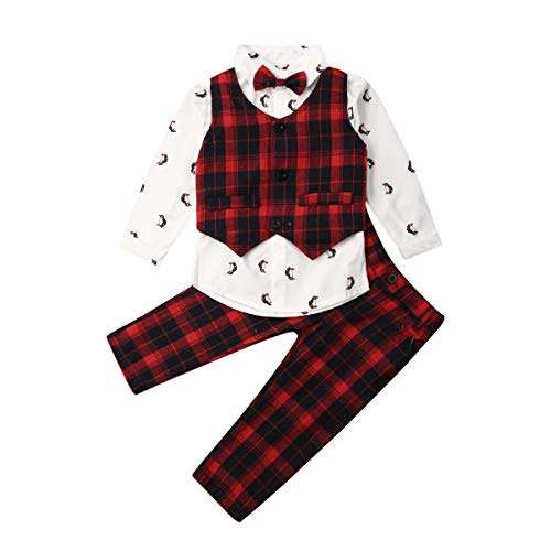 Baby Boy Suit Outfits Set 3pcs, Infant Tuxedo Long Sleeve Gentleman Bow Tie Shirt & Plaid Vest Coat & Long Pants (Red, 6-7T)