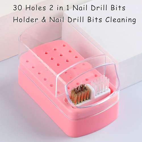 FSpronail Nail Bit Holder & Nail Drill Bit Cleaner 2 in 1, 30 Holes Nail Drill Holder Organizer Nail Bit Brush Cleaner Drill Bit Holder for Nails Dustproof Stand Displayer Storage Box Tools