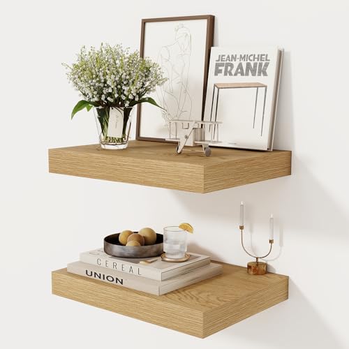 12 Inch Deep Floating Shelves, 16 x 12 Floating Shelf for Books, Rustic Wood Deep Wall Shelves for Home Storage & Display, 2" Thicked Shelves for Kitchen, Living Room, Bedroom, Oak Color, 2 Pack