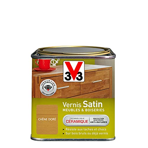V33 Vernis Intérieur Satin Meubles et Boiseries, Chêne Doré 0,5 L