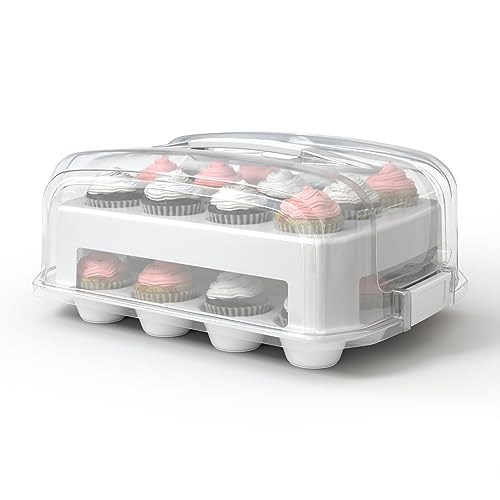 Top Shelf Elements Cupcake Carrier, EXTRA LARGE LID, White Cupcake Holder Carries 24 Standard-Size Cupcakes, Muffin Traveler Two Tier Stand Reusable Cupcake Box