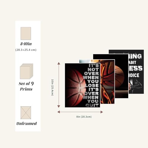 ZDMBCY Basketball Canvas Wall Art, Black White Basketball Posters Home Decor,Inspirational Sport Theme Painting Picture Picture Wall Decor 9Pcs for Teen Boys Kids Room Home Decor 8x10in Unframed