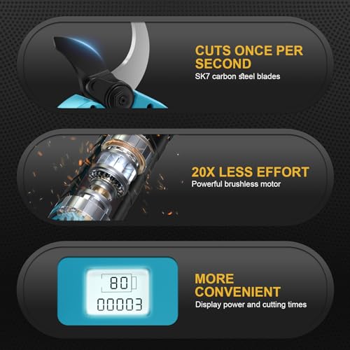 Forbici Potatura a Batteria, con Marsupio e Cavo di Prolunga, Apertura Massima Della Lama 50 mm, Batteria SK7 da 21V 2*2000mAh, Forbici da Potatura con Motore Brushless per Giardinaggio, Alberi Frutto - 3