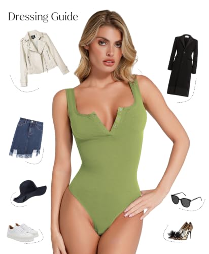 Image of Popilush Bodysuits for Women Tummy Control Body Suits Thong Summer Outfits | Corset Tops Shapewear Henley Shirts Tank Top for Country Concert Going Out Date Night, Comfort All Day