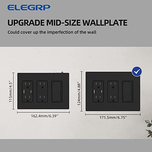 Elegrp 3 Gang Screwless Decorative Wall Plates, Mid-Size Unbreakable Thermoplastic Faceplate Cover For Decorator Receptacle Outlet Switch, Ul Listed (5 Pack, Matte Black) #TOP5