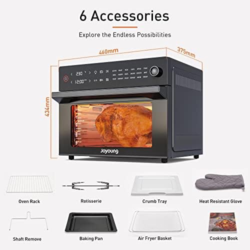 JOYOUNG Air Fryer Electric Oven, 30L Convection Oven for Less Oil 18 Preset Functions, Countertop Oven with LED Digital Touch Screen and 2-in-1 knob, Free Recipes and 6 Accessories, 1800W, Black