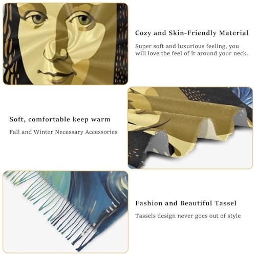 Women's Scarf, Faux Pashmina Soft Lightweight Shawl Wrap, Mona Lisa Art Painting Print Fashion Scarves4