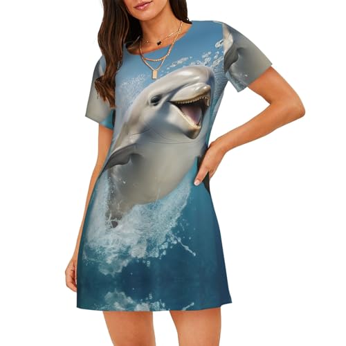 Chemise de nuit manches courtes femme motif dauphin amusant et coupe fluide