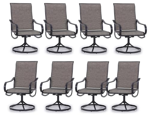 Image of PHI VILLA Swivel Patio Dining Chairs Set of 8, Textilene Mesh Fabric, Brown | High back ergonomic backrest. Black E-coated metal frame for outdoor, deck, lawn, garden. Rust-resistant, easy-clean