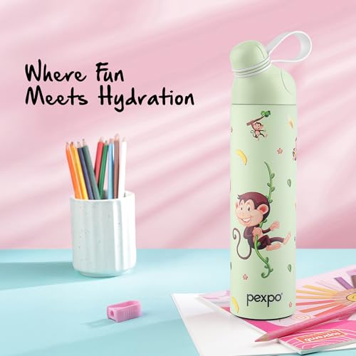 Image of Go24 pexpo Water Bottle for School Kids, ISI Certified Stainless Steel Sipper Bottle for Kids 470ml (Pack of 2) | Hot & Cold Thermos Insulated Water Bottle|6+ Years Kids|Pico 500 - Green - Monkey
