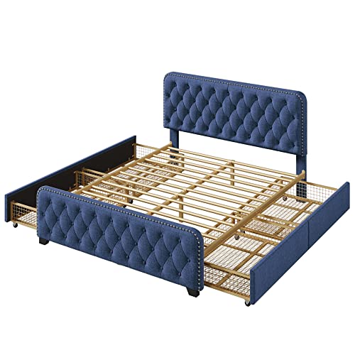Bellemave Queen Platform Bed Frame With 4 Storage Drawers And Button Tufted Headboard & Footboard, Sturdy Metal Support, No Box Spring Required, Blue #TOP3