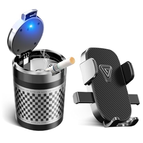 Chingde 1 Pieza Cenicero Coche con Tapa y 1 Pieza Soporte Movil Coche (Sólido, Universal), Luz LED Automática, Sellada e Ignífuga, Desmontable, Cenicero de Gran Capacidad (Plateado)
