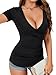 LYANER Women's Deep V Neck Wrap Short Sleeve Ruched Button Slim Fit Blouse Top Black Small