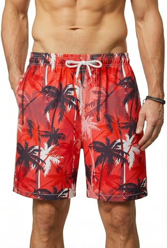 Enlision Mens Swimming Shorts Hawaiian Swim Trunks Men Quick Dry Summer Casual Beach Shorts Orange Palm Tree Printed Strand Surfing Boardshorts with Mesh Lining XL